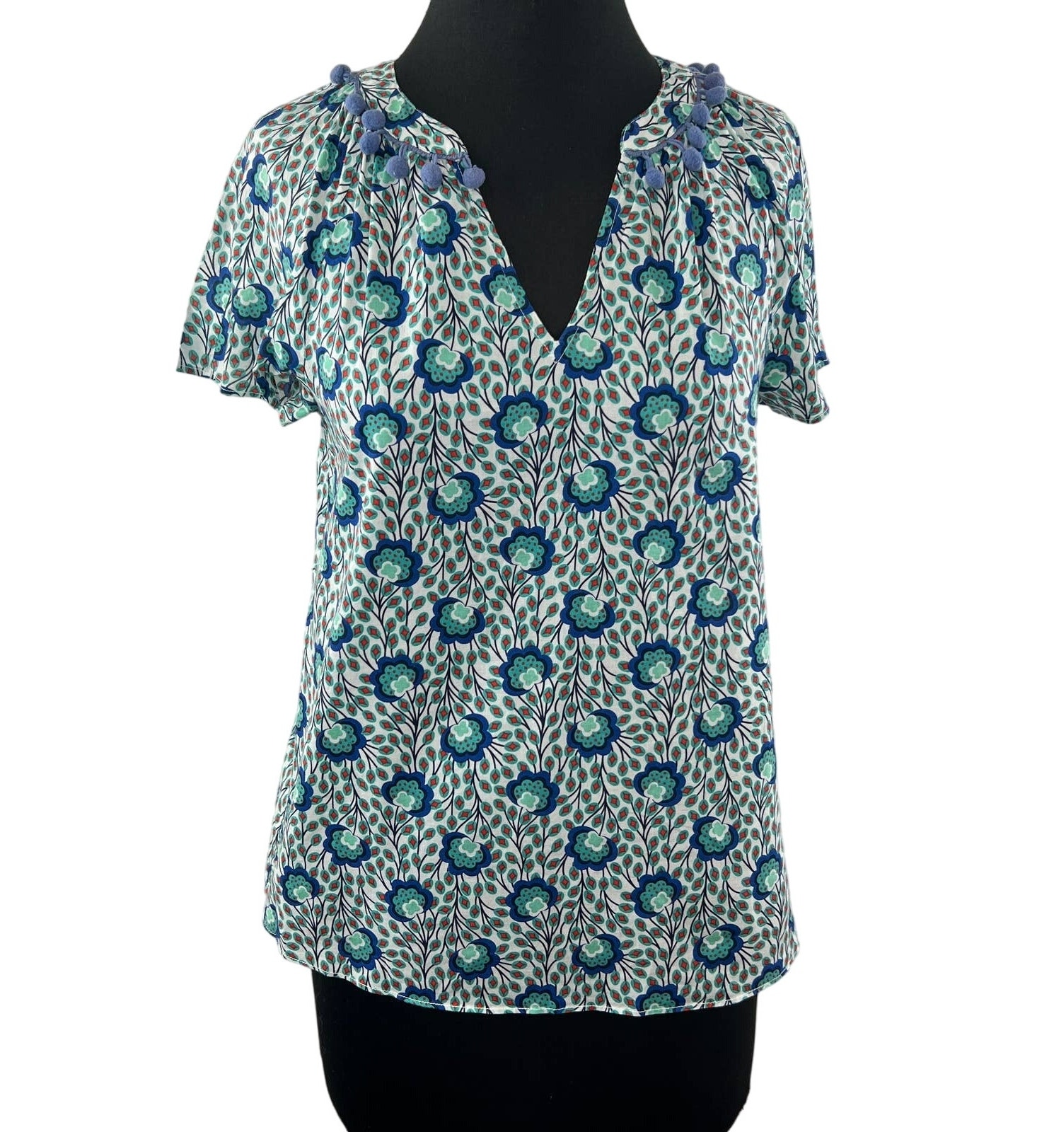 Boden Green Blue Mesa Floral Print Short Sleeve 100% Cotton Pom Pom Blouse Sz 2